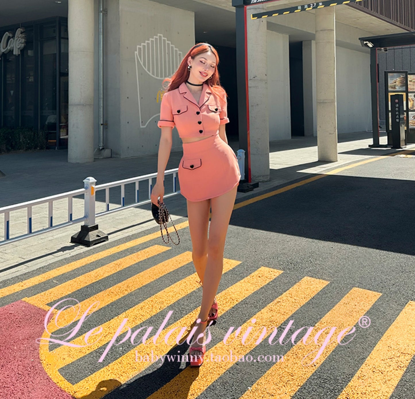 Le Palais Vintage  Peach Pink Small Fragrance Crop Top + Skirt Set-BEN