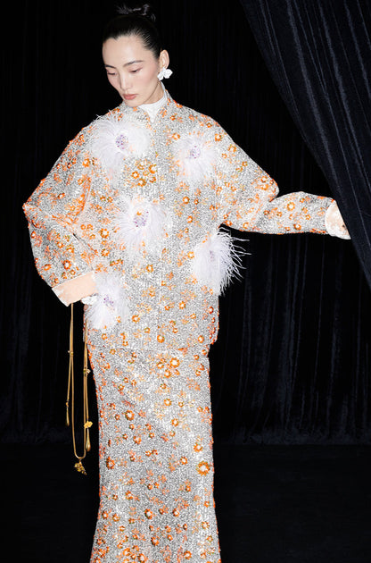 M essential Mackay designer vermilion embroidered fabric iris ostrich feather beaded jacket  FEA.