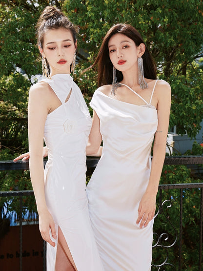 DOLLY Elegant Blue French Style Satin Sleeveless Pleated Hip Long Slit Dinner Dress-AVA