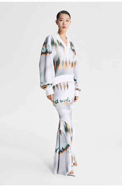 LEDIM W Knitted print fishtail stretch maxi skirt - Lolor