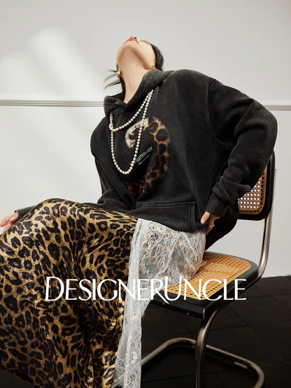 DGU×LAB "Moye" retro black sweatshirt  leopard tail print commuter top - TINK