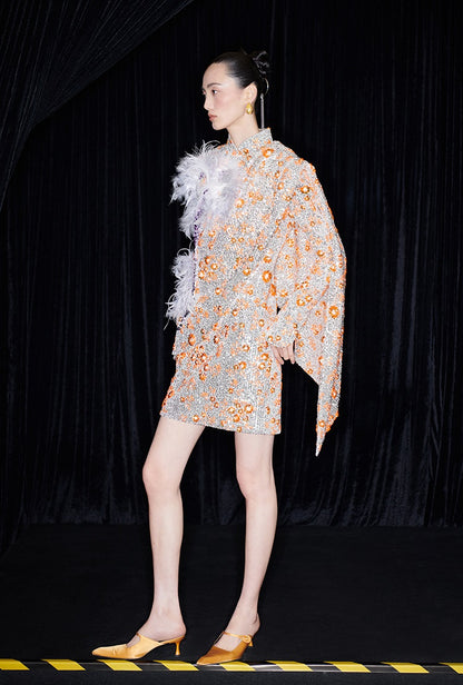 M essential Mackay designer vermilion embroidery iris ostrich feather bead dress - GINA.