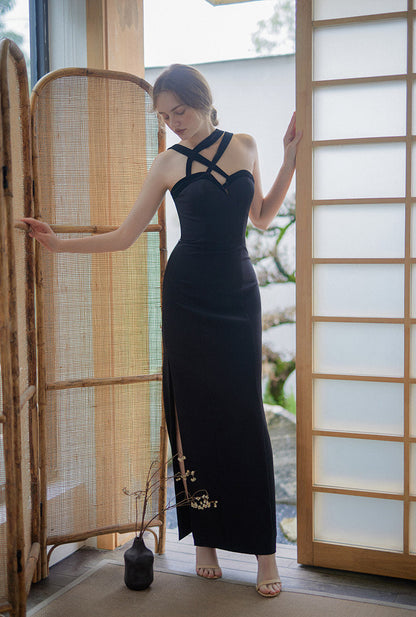 GOUDIN black long suspender light luxury dress-KASIA.