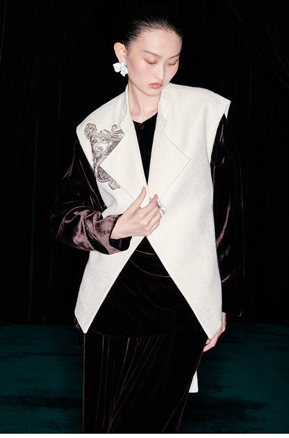 M essential Mackay designer embroidered stand-collar vest velvet top pant set - Niara