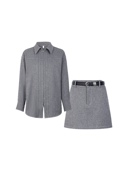 AUI Grey Zippered Lapel Jacket A-Line Hip Skirt Two-Piece Set - Choon-Hee.