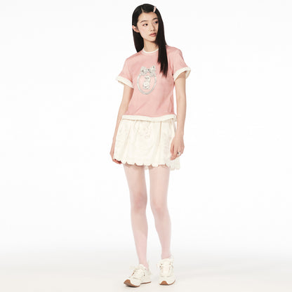 FAME crew neck faux two-piece cat print short-sleeved T-shirt - ALAN