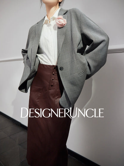 DGU|Gray plaid jacket style high-end houndstooth loose commuter top - NICK .