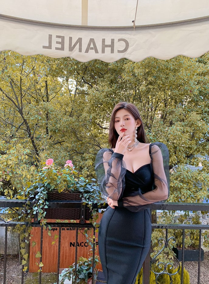 DOLLY Elegant White/Black V-Neck Mesh Long Puff Sleeve Slim Fit Dress-HAN