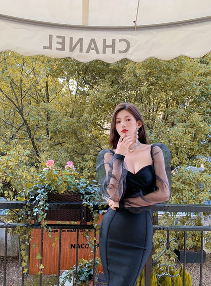 DOLLY Elegant White/Black V-Neck Mesh Long Puff Sleeve Slim Fit Dress-HAN