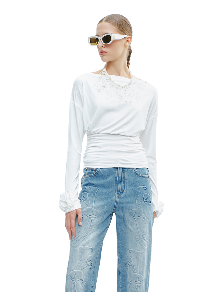 YES BY YESIR | Textured Petal Detailing 3D Floral Sleeve T-Shirt -CYRELLA.