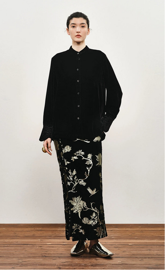 ZHUCHONGYUN Chinese nail bead stamped suede skirt--KEIGO.