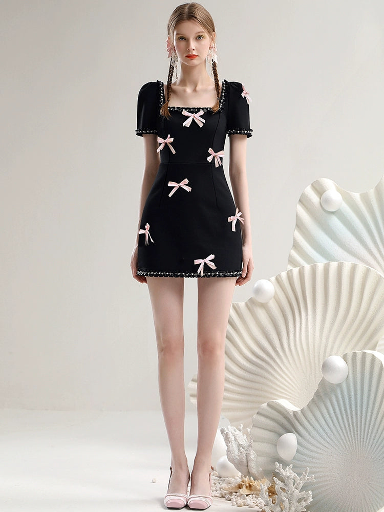 CHECOCRE New Pink Bow Heavy Industry Square Neck Little Black Dress - BONES