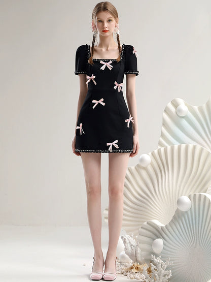 CHECOCRE New Pink Bow Heavy Industry Square Neck Little Black Dress - BONES
