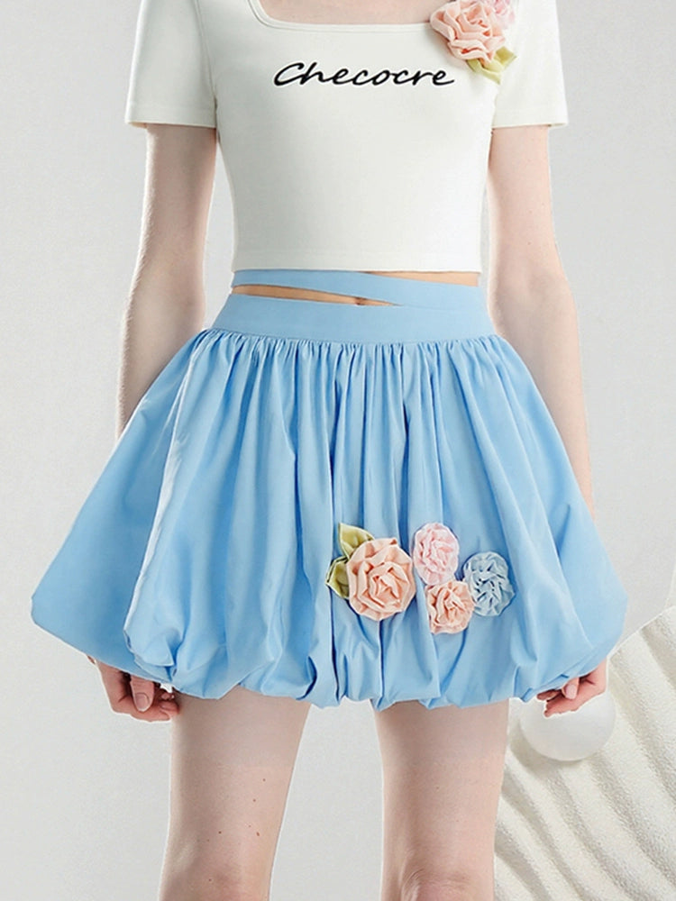 CHECOCRE summer fresh and cute color three-dimensional flower short sleeve T-shirt hood skirt - VAY.