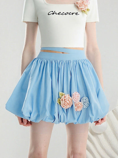 CHECOCRE summer fresh and cute color three-dimensional flower short sleeve T-shirt hood skirt - VAY.