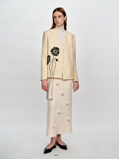 SERRER Flower embroidery beads tassels pale yellow collarless blazer - TYLER.