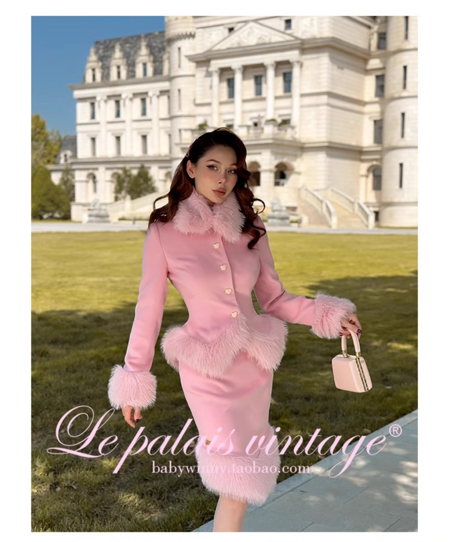 Le Palais Vintage Elegant long sleeve pink fur collar two piece banquet suit- Fave