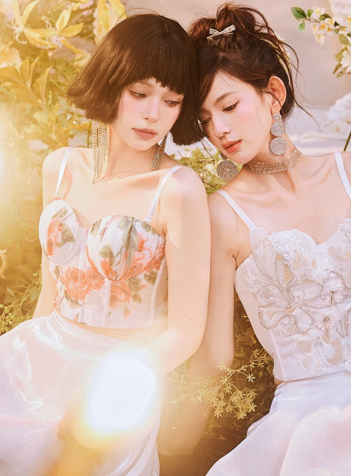 DOLLY Elegant White Natural Waist Flower Bud Long Chic Skirt-CYNTHIA  (V)