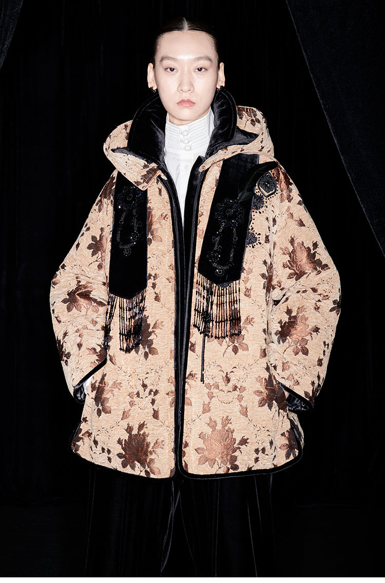 M essential Mackay drop-off jacquard crochet-embroidered hooded puffer jacket - all apere.