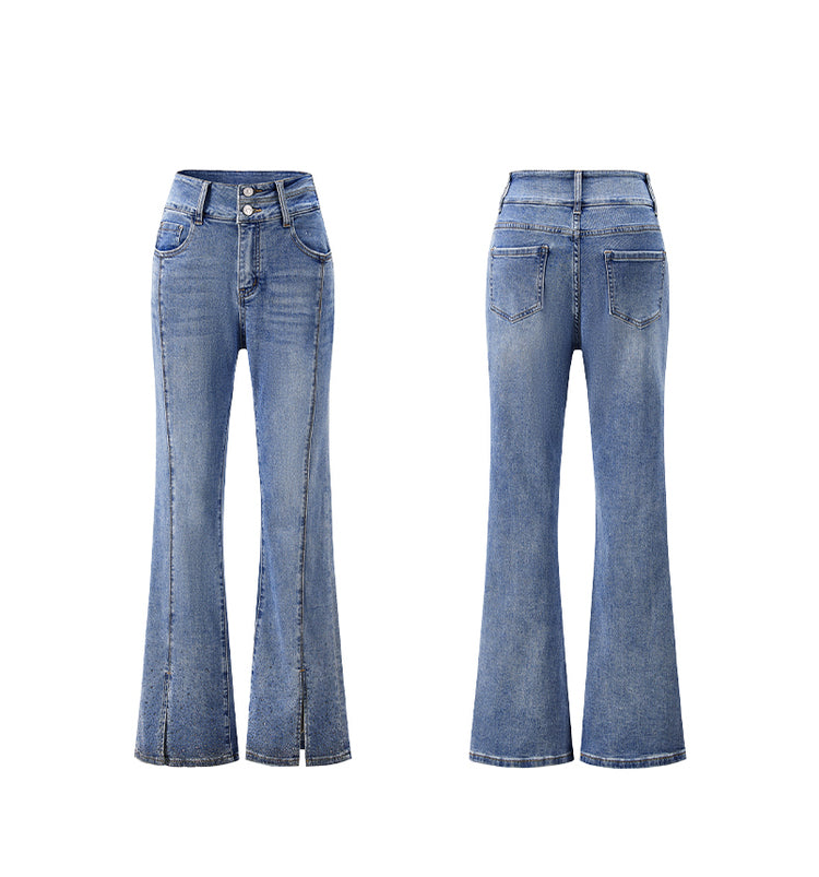 CHICHY French Ladies Blue High-Waisted Hot Diamond Slit Micro Flared Pants-MIJI
