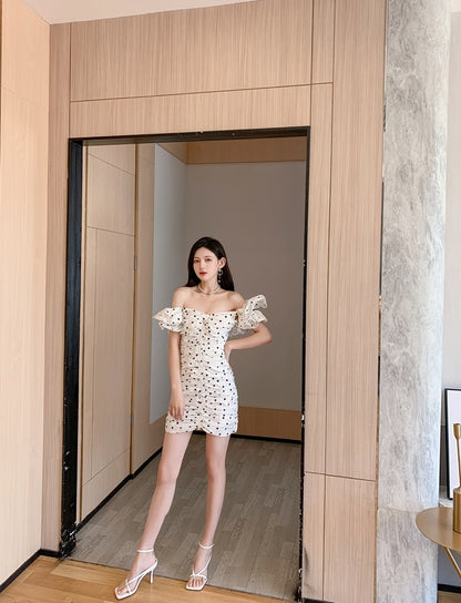 DOLLY Elegant White Off Shoulder Short Puff Sleeve Slim Fit Short Polka Dot Dress-MINA
