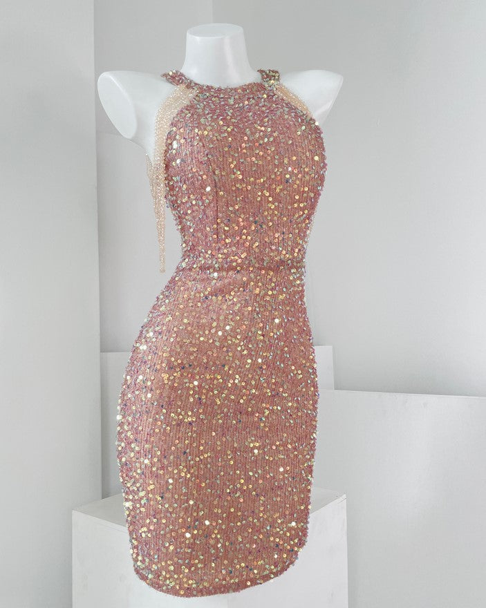 DOLLY Luxury Gold Sleeveless Stand Collar Sequin Beaded Tassel Evening Dress-LILY