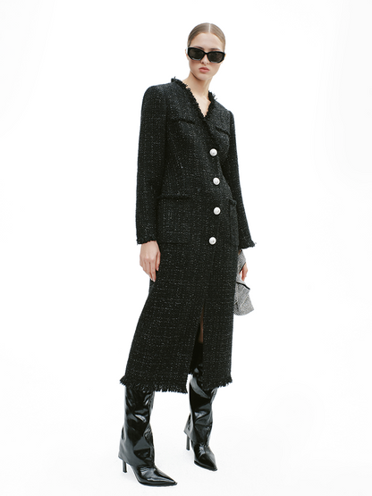YES BY YESIR Extra-long V-Neck Tweed Coat Dress - COLE.