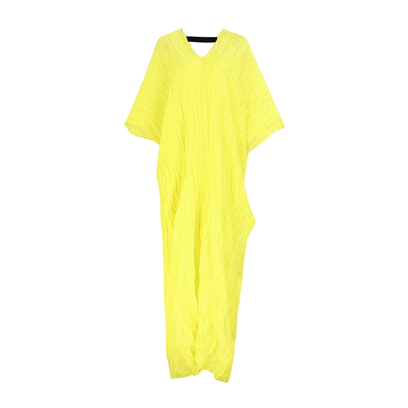 ZHUCHONGYUN yellow pleated dropped shoulder silhouette dress-MIKESE.