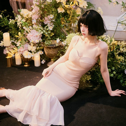 DOLLY Elegant Nude French Style Sleeveless Ruffle Fish Tail Dinner Dress-AMALIA