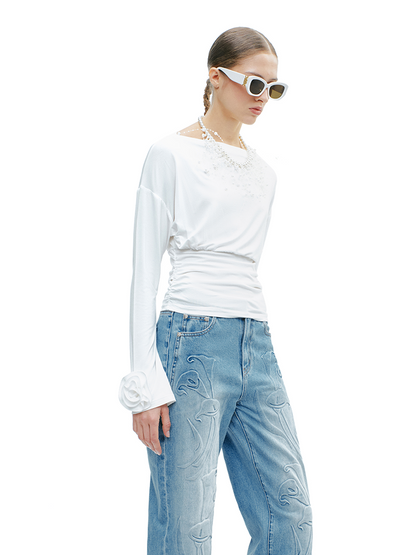 YES BY YESIR | Textured Petal Detailing 3D Floral Sleeve T-Shirt -CYRELLA.