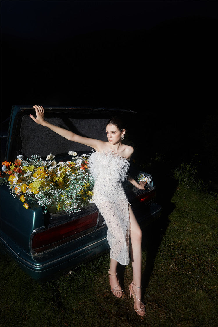 Wardrobes by Chen  luxury wedding White Haute Couture Feather Sequin Dress-Masa