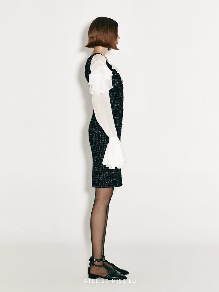 ATELIER MISS LU Vintage Metallic Buckle Tweed Dress - TOWER