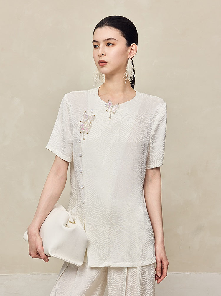 HECO Jacquard Round Neck Short Sleeve Black White Shirt Top Woman - GRACE.