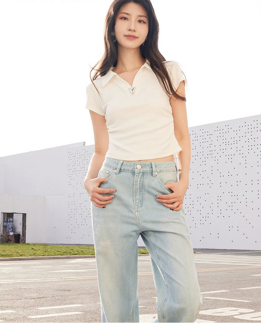 YES BY YESIR | Ye Qian  Y-Triangle Tag Polo Neck T-Shirt Delicate Pleats-LOREINE.