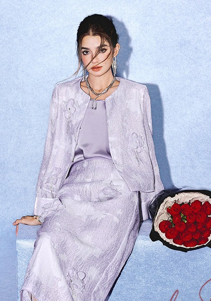 CHICHY cool and luxurious purple embossed texture jacquard top long skirt suit-NICK
