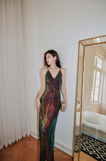 DOLLY Elegant Colorful Black Sleeveless Sequin Long Suspender Banquet Dress-LUNE