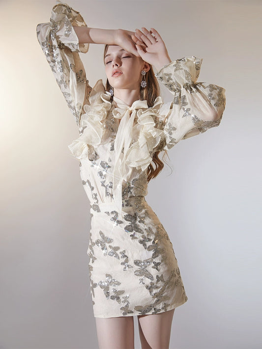 Wardrobes by Chen Luxury Gold V-Neck Long Sleeve Top +Short Skirt-KALE