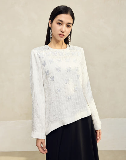 HECO butterfly beads embroidered round neck long sleeve top Women - CROWN.