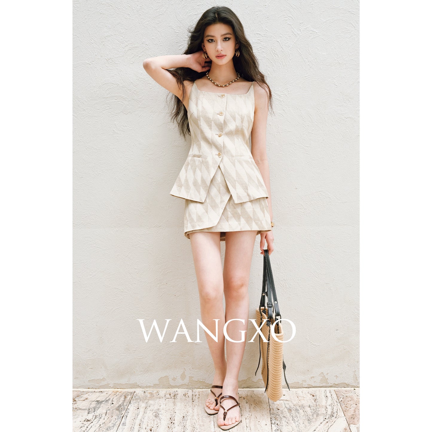 WANGXO | Oxygen-Induced Linen with Rhombic Texture  Waist-Cinched U-Neck Camisole Vest & Tie Skirt Set -NOLA
