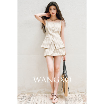 WANGXO | Oxygen-Induced Linen with Rhombic Texture  Waist-Cinched U-Neck Camisole Vest & Tie Skirt Set -NOLA