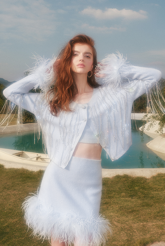 Wardrobes by Chen  Blue Light Luxury Tassel Feather Knit Jacket/Skirt-Yemi