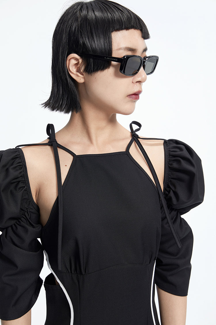 TINY IN panelled detachable sleeve in black dress -COPPER