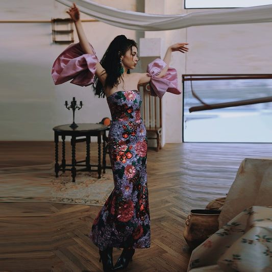 DOLLY Luxury Retro Purple Floral Embroidered Tube Top Long Sequin Party Dress-JOY