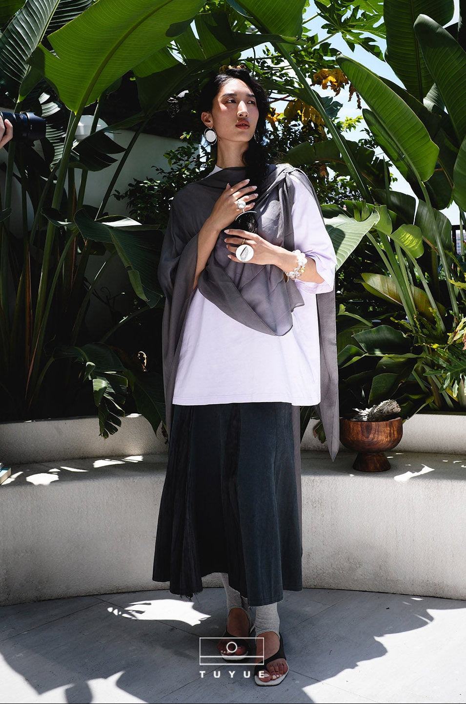 TUYUE Black Textured Multi-Cut A-Line Midi Skirt - NIMWE.