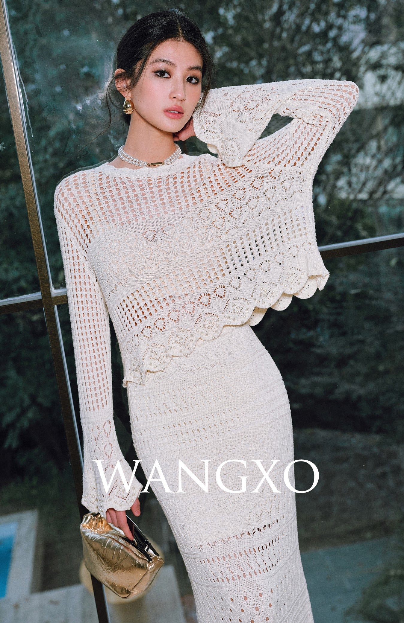 WANGXO | Handmade Beading Flared Sleeve Top & Fishtail Skirt Set -RAWLING.