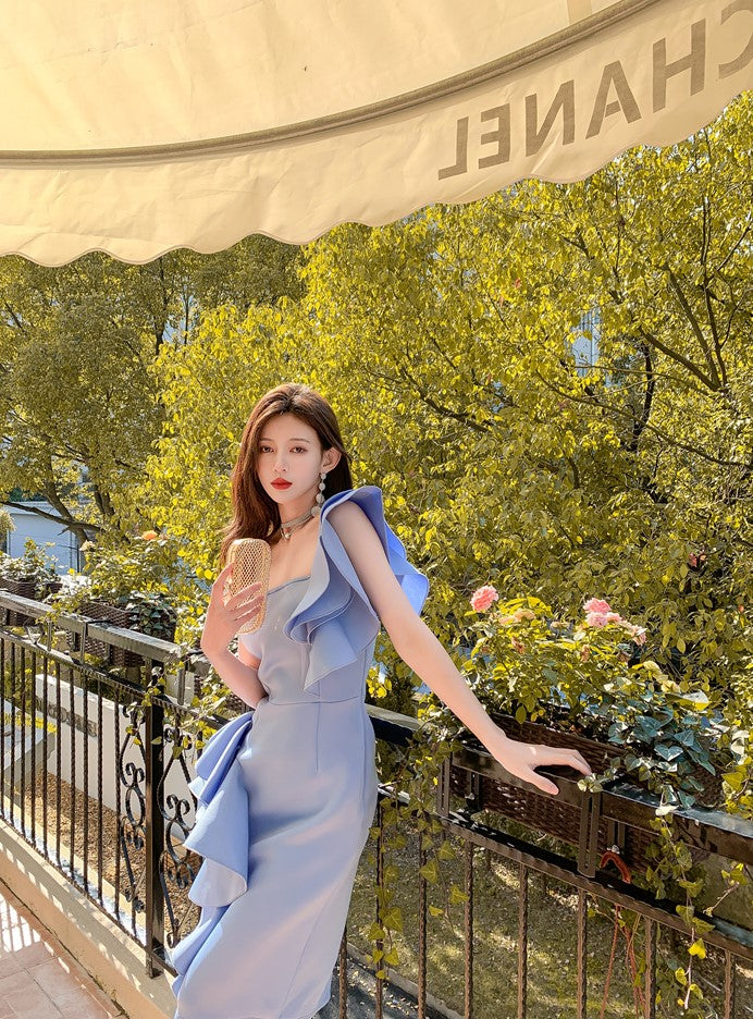 DOLLY Elegant Off Shoulder Ruffle Slim Fit Midi Wedding Guest Dress-JADE