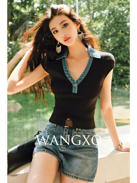 WANGXO | Soft Glutinous Knit & Contrasting High-Quality Denim V-Neck Slim Top -NIVA