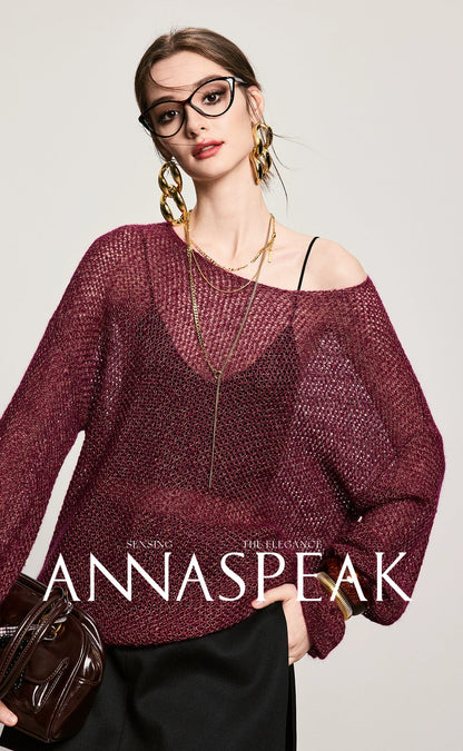 ANNASPEAK Asymmetrical off-the-shoulder wool beaded long sleeve knit-SOSO.