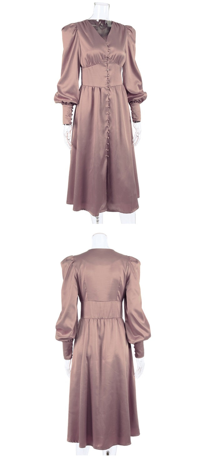 DOLLY Elegant V-Neck Long Lantern Sleeve Long Button Church Dress-NANA