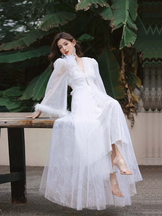 DOLLY Elegant White Deep V-Neck Lace Feather Bell Sleeves Long Robe Dress-ZOBA (V)*